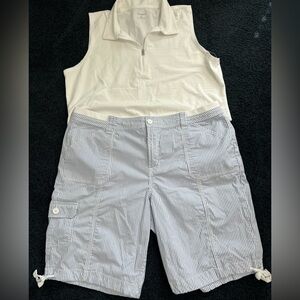 St John’s Bay Striped Blue and White Shorts with Talbots White Sleeves ZipTop.